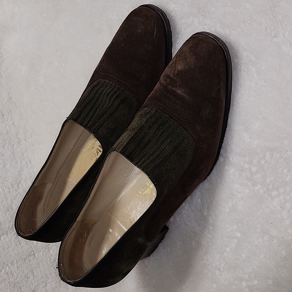 SalvatoreFerragamo Albia Vintage Chocolate Brown Green Suede Heel Loafers Sz8.5 - Picture 5 of 16
